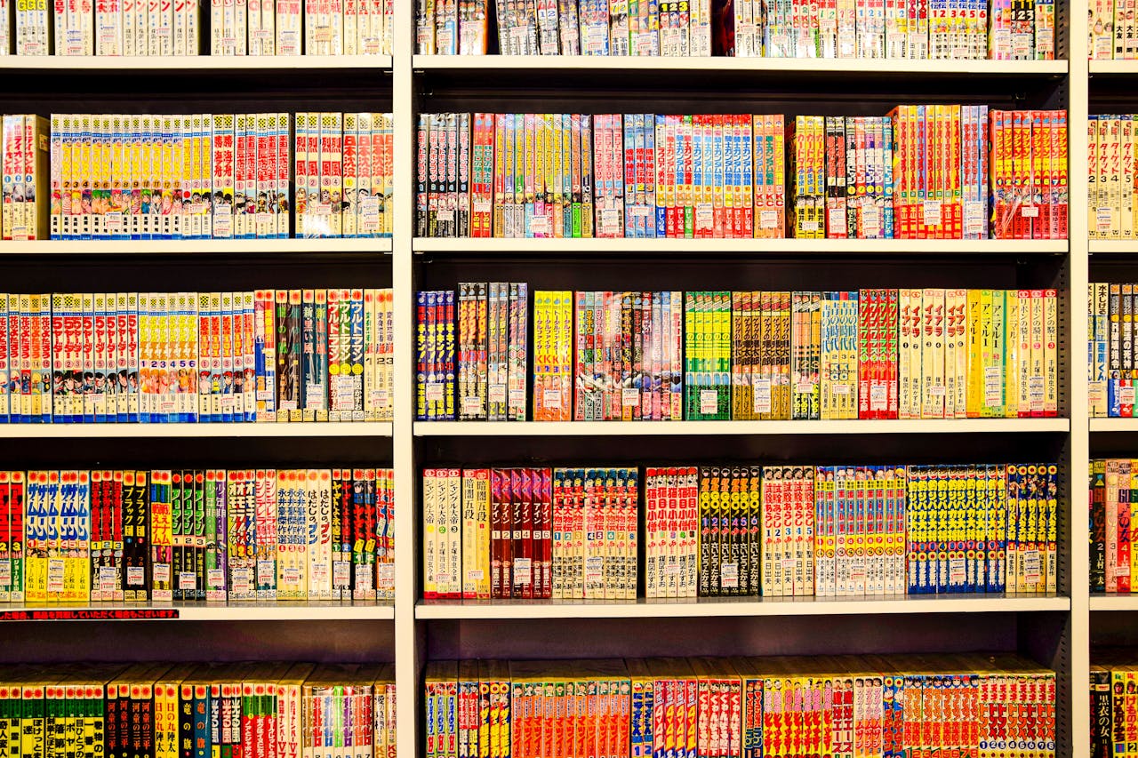 Vibrant shelves filled with Japanese manga in a bookstore. Perfect for comic enthusiasts.